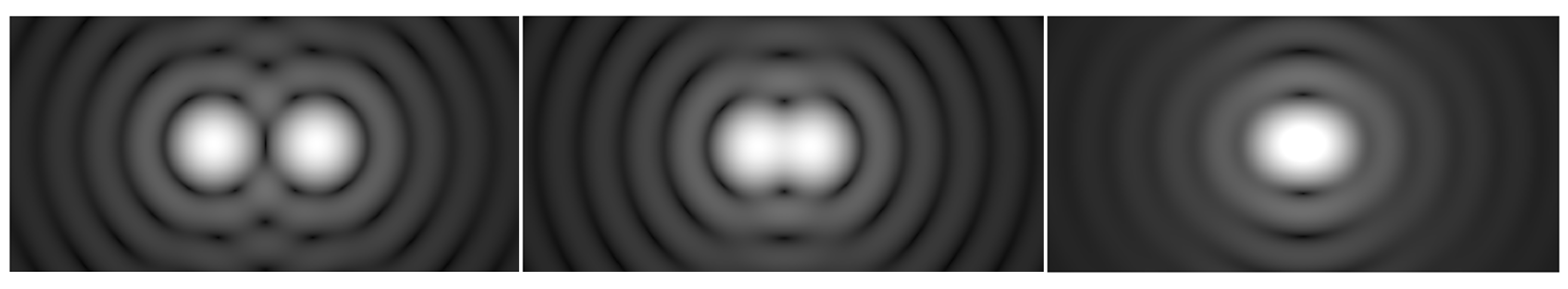 Left: Two close stars appear as two Airy disks. Center:
It is hard to tell two stars apart when their Airy disks overlap.
Right: When two stars are as close as the radius of the Airy
disc, we cannot tell the apart.