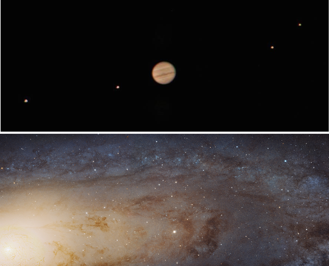 Upper: Jupiter and the 4 Galilean moons taken with an amateur telescope.
Image credit: Jan Sandberg.
Lower: Millions of stars in Andromeda, taken by Hubble Space Telescope
Image credit: NASA, ESA.