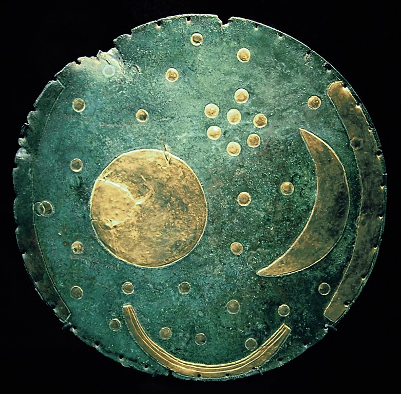 Nebra sky disk. A bronze disk depicting the Sun, Moon, and
32 stars including a star cluster, likely representing the Pleiades.
The disk dated to 1600 BC was found in Saxony-Anhalt, Germany.
Image credit: J. M Bonnet Bidaud, F. Praderie, S. Whitfield