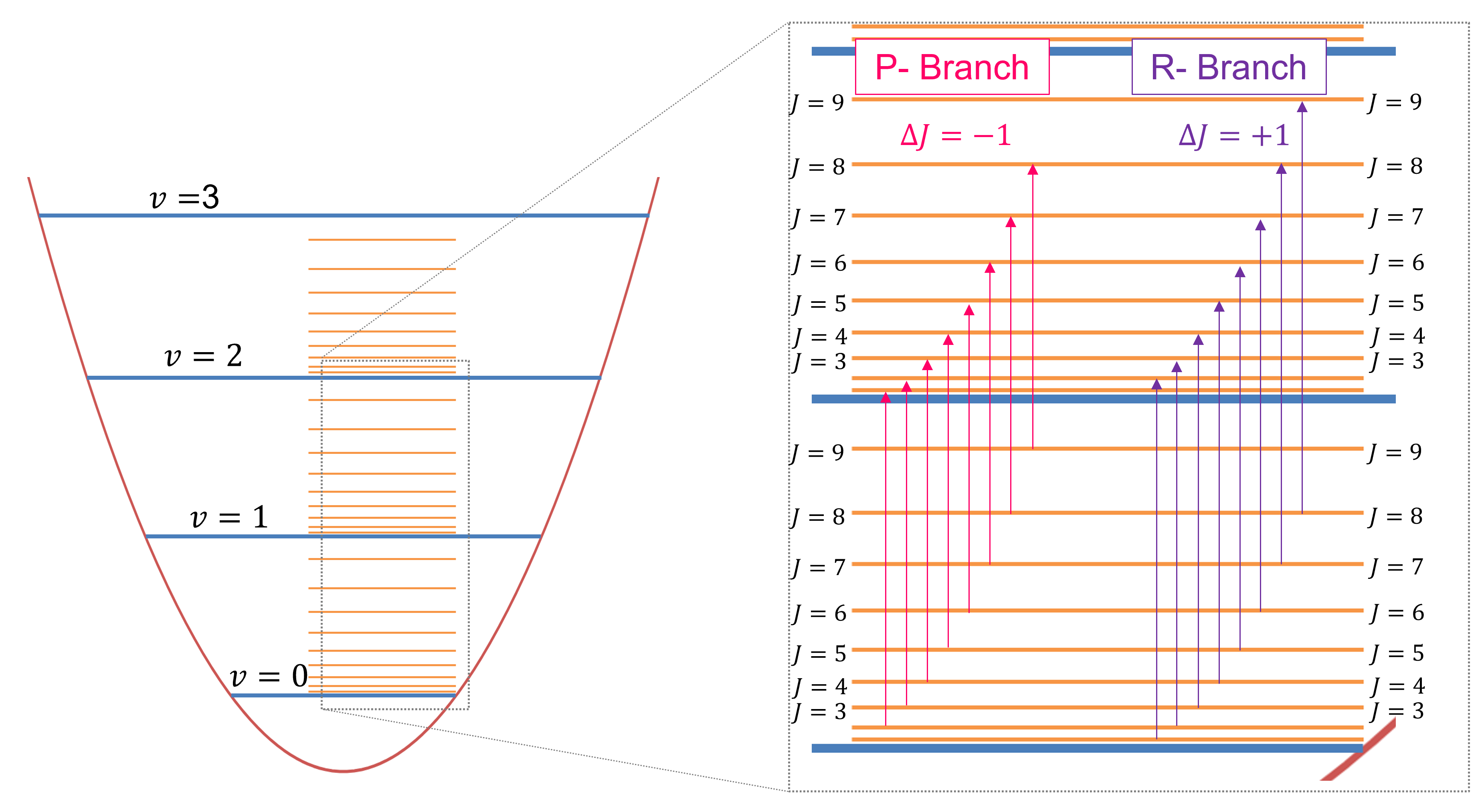 Schematic of vibrational and rotational energy levels with P- and
R-branch ro-vibrational transitions.