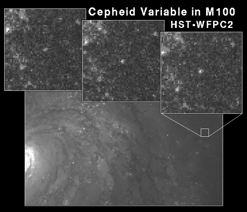 A Cepheid variable in M100 observed with the Hubble Space telescope.
Image credit: NASA,HST, W. Freedman, R. Kennicutt, J. Mould